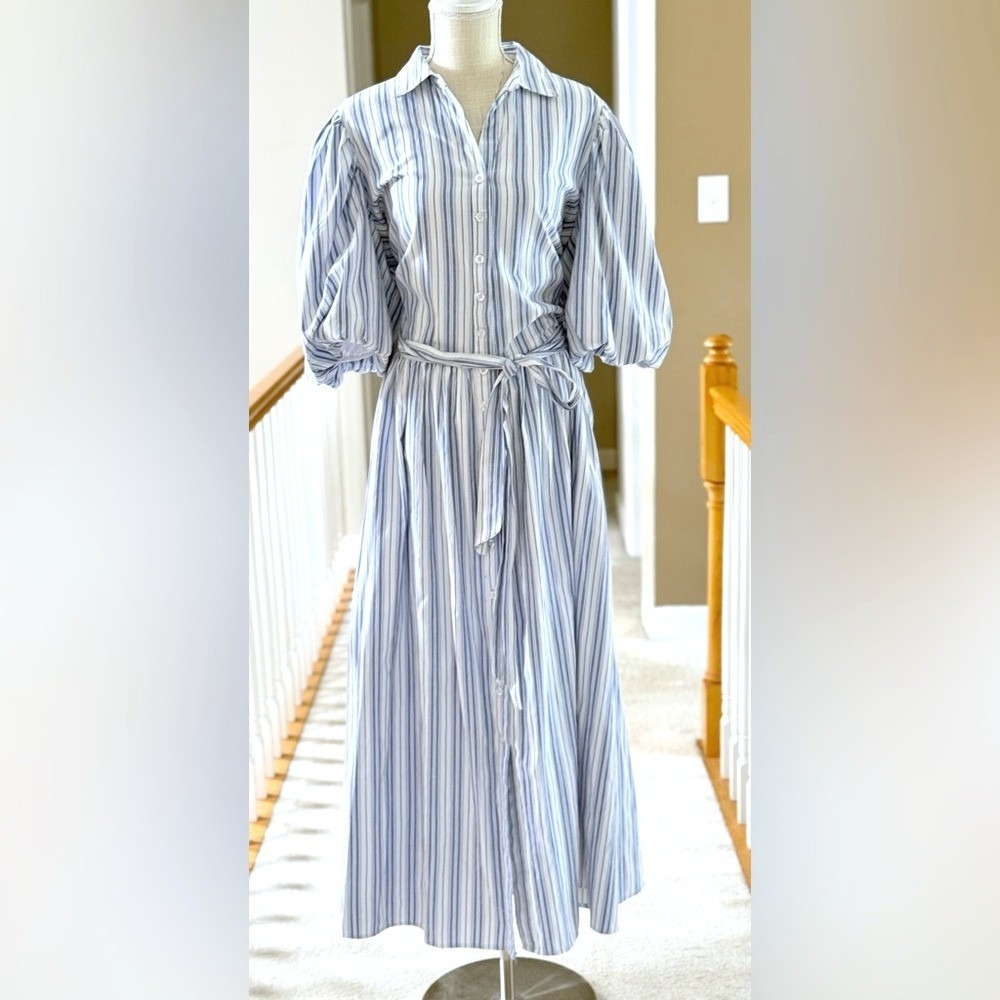 Ashley Stewart Blue White Striped Puff Sleeve Maxi Shirtdress Plus Size 14/16